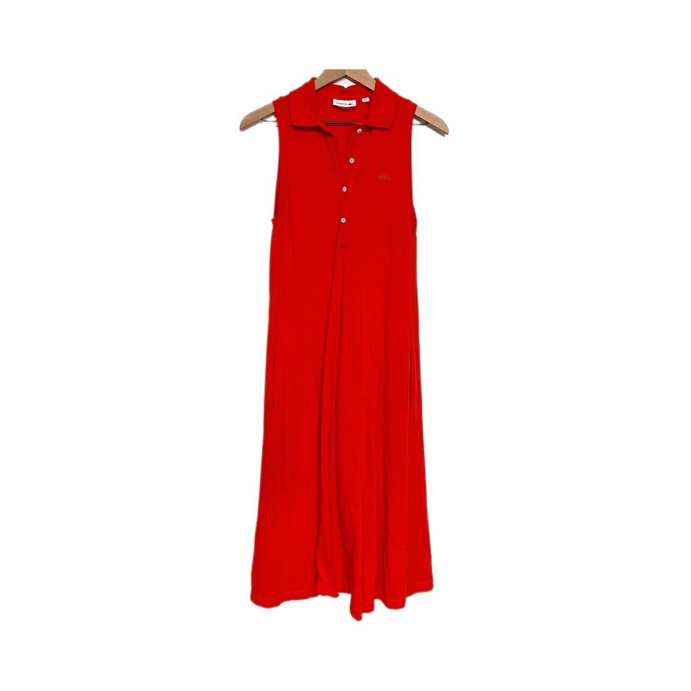 Lacoste Sleeveless Polo Midi Dress Womens Size 34 Orange Red Cotton Pique Preppy